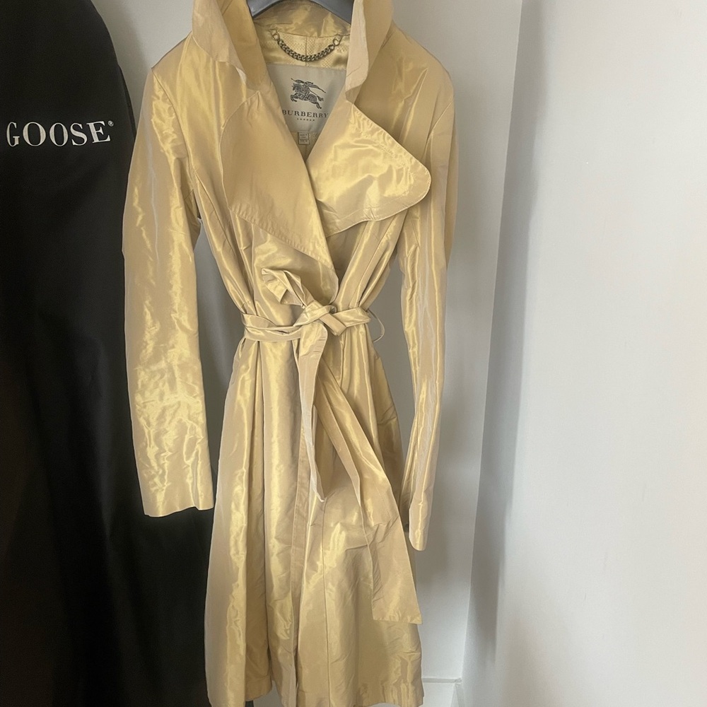 Burberry gold/Tan dress trench. For wear with cocktail dress.